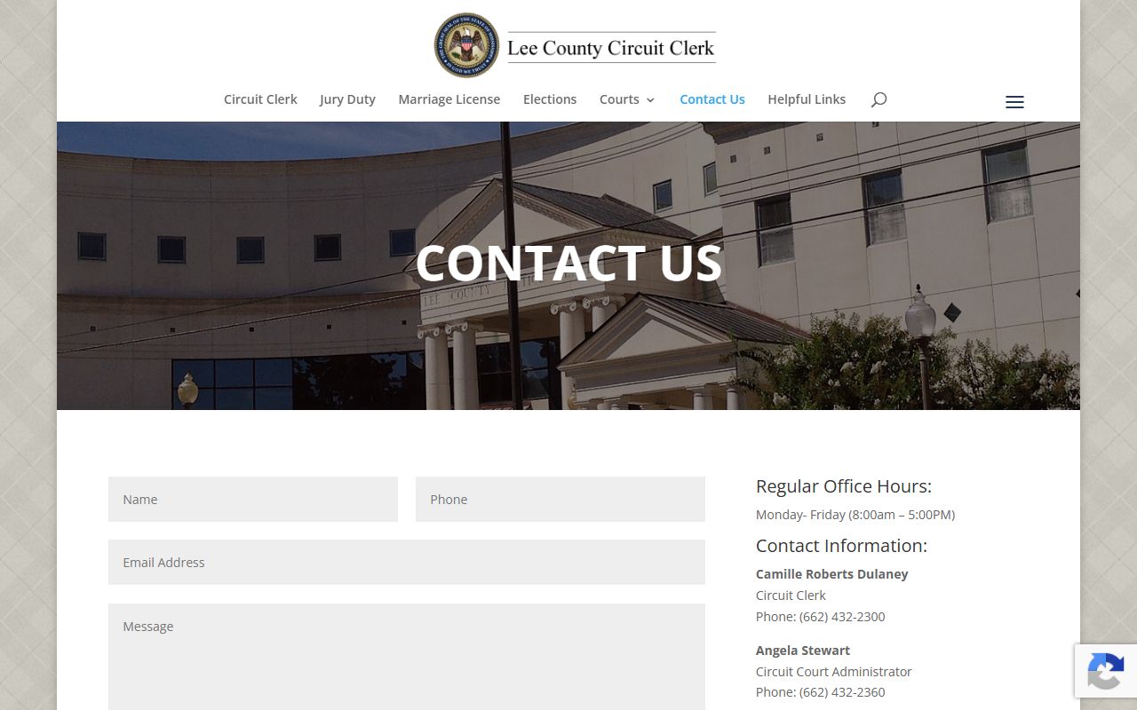 Lee County Circuit Clerk contact page showing the Name, Phone, Email, and Message form fields