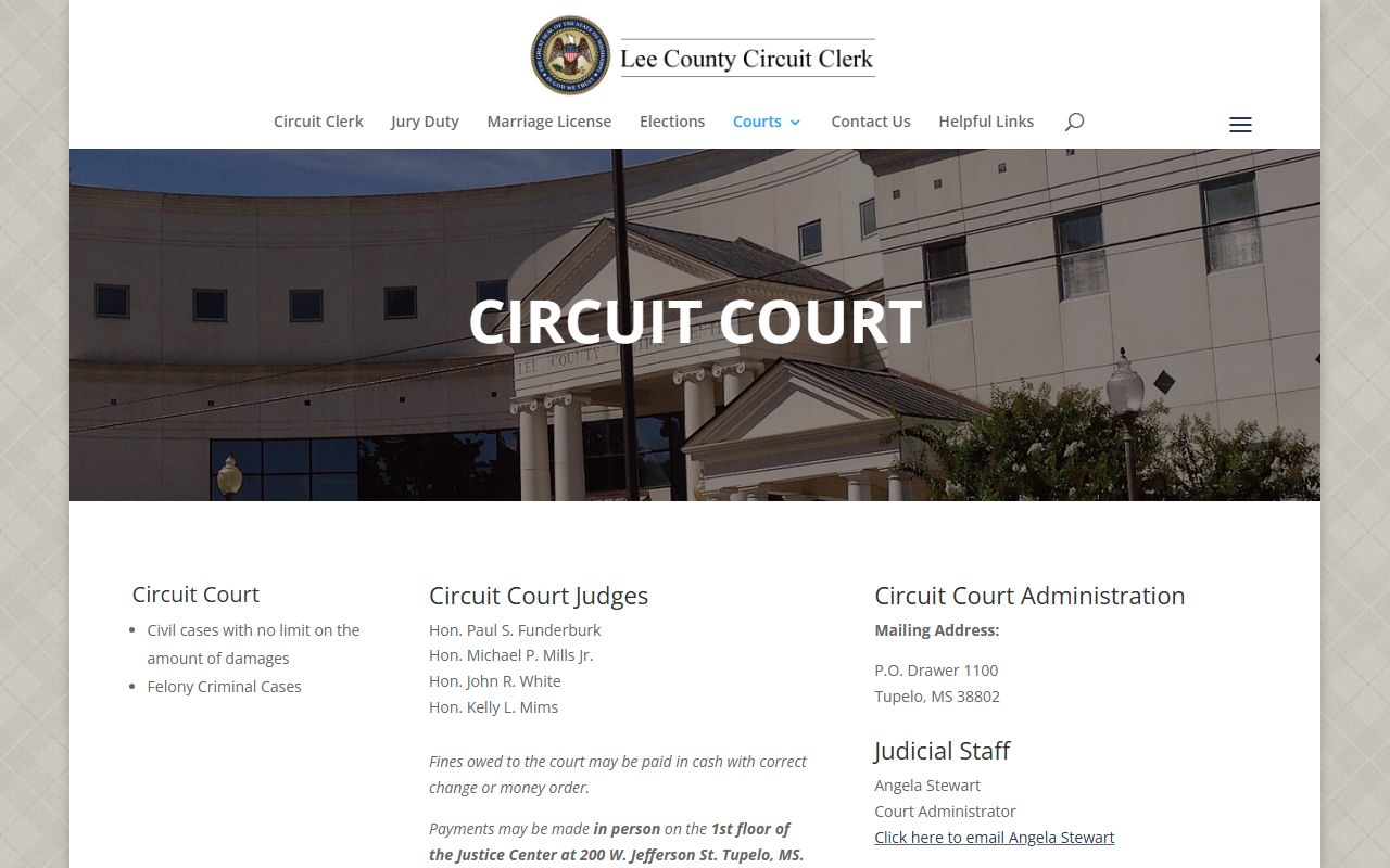 Lee County Circuit Clerk Circuit Court page with judges and fine payment instructions