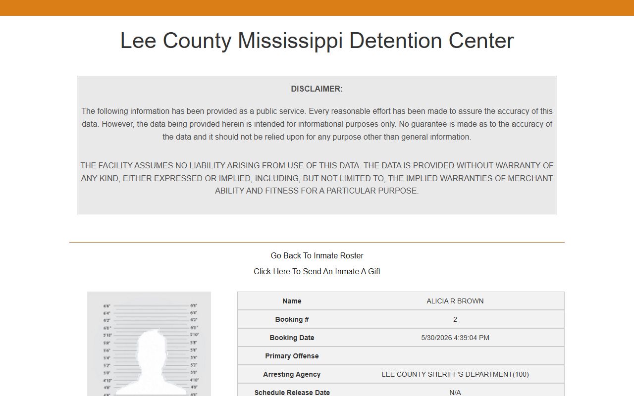 Lee County arrest records Tiger roster sample inmate profile with charge table