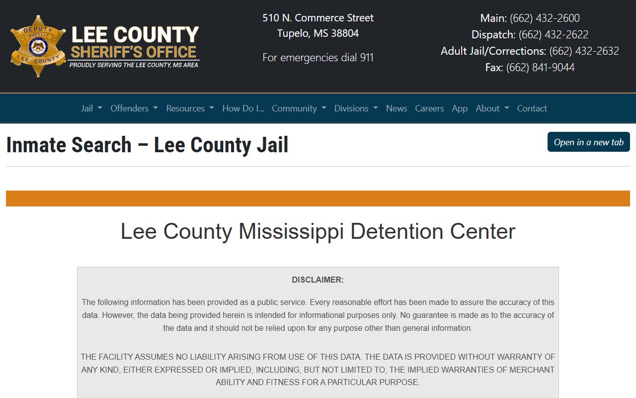 Lee County arrest records on the Sheriff inmate search page