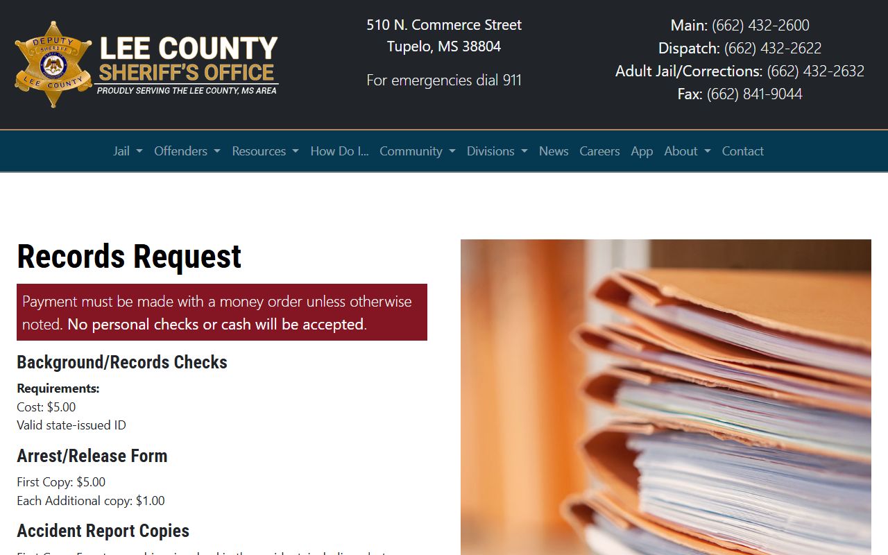 Lee County arrest records, release forms, and fees on the Sheriff records page