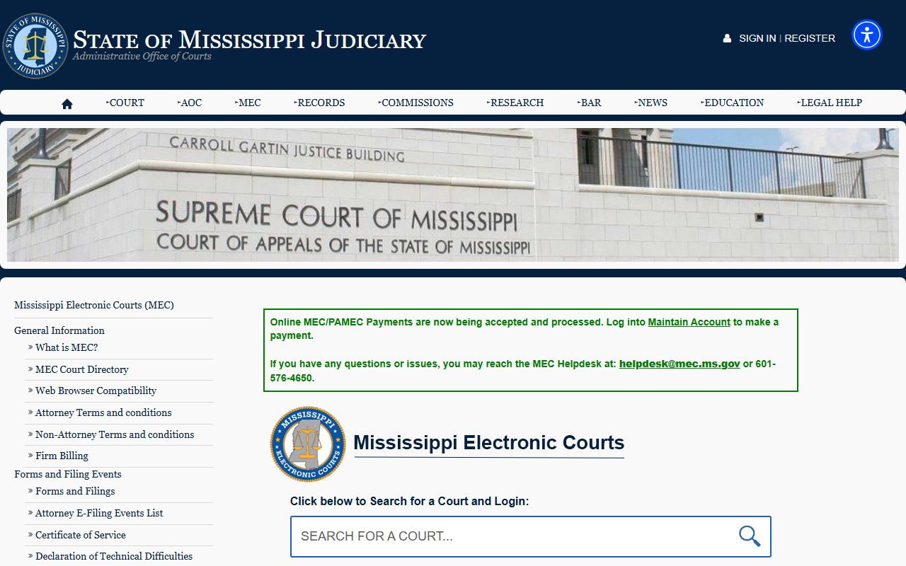 Lee County court records search on the Mississippi Electronic Courts MEC and PAMEC portal