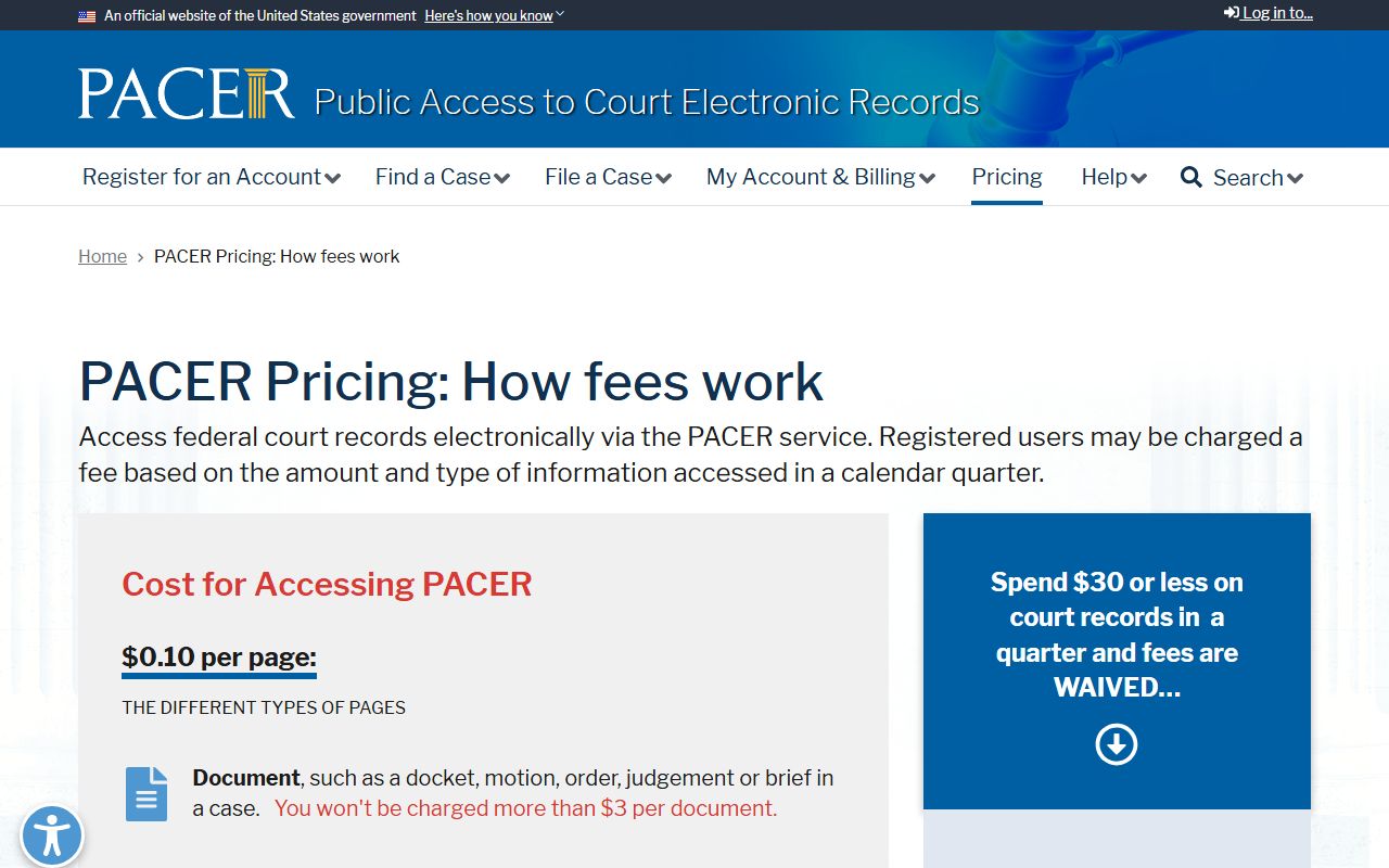 Lee County federal court records pricing on the PACER portal