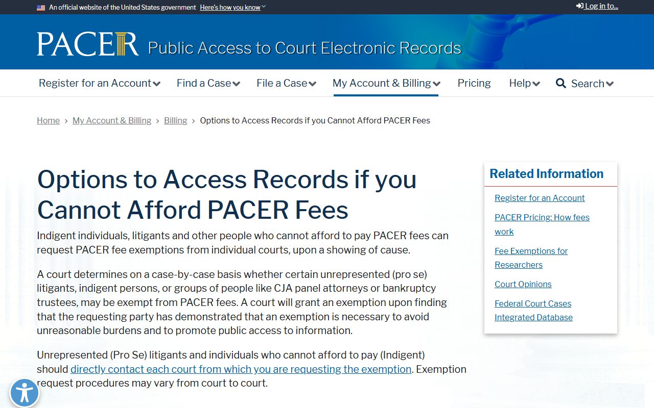 Lee County federal court records PACER fee waiver options
