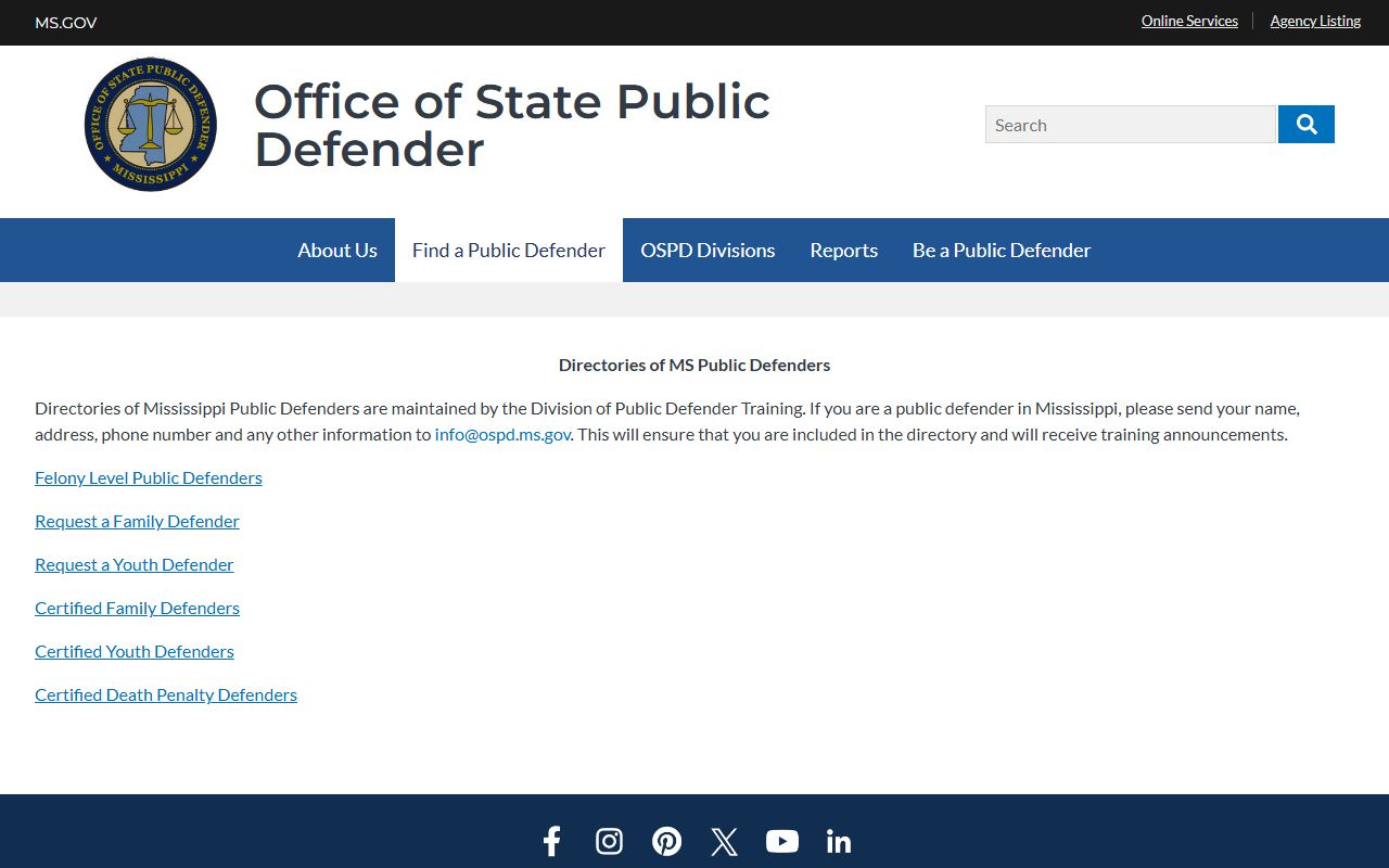 Mississippi public defender directory used for Lee County Criminal Court Records