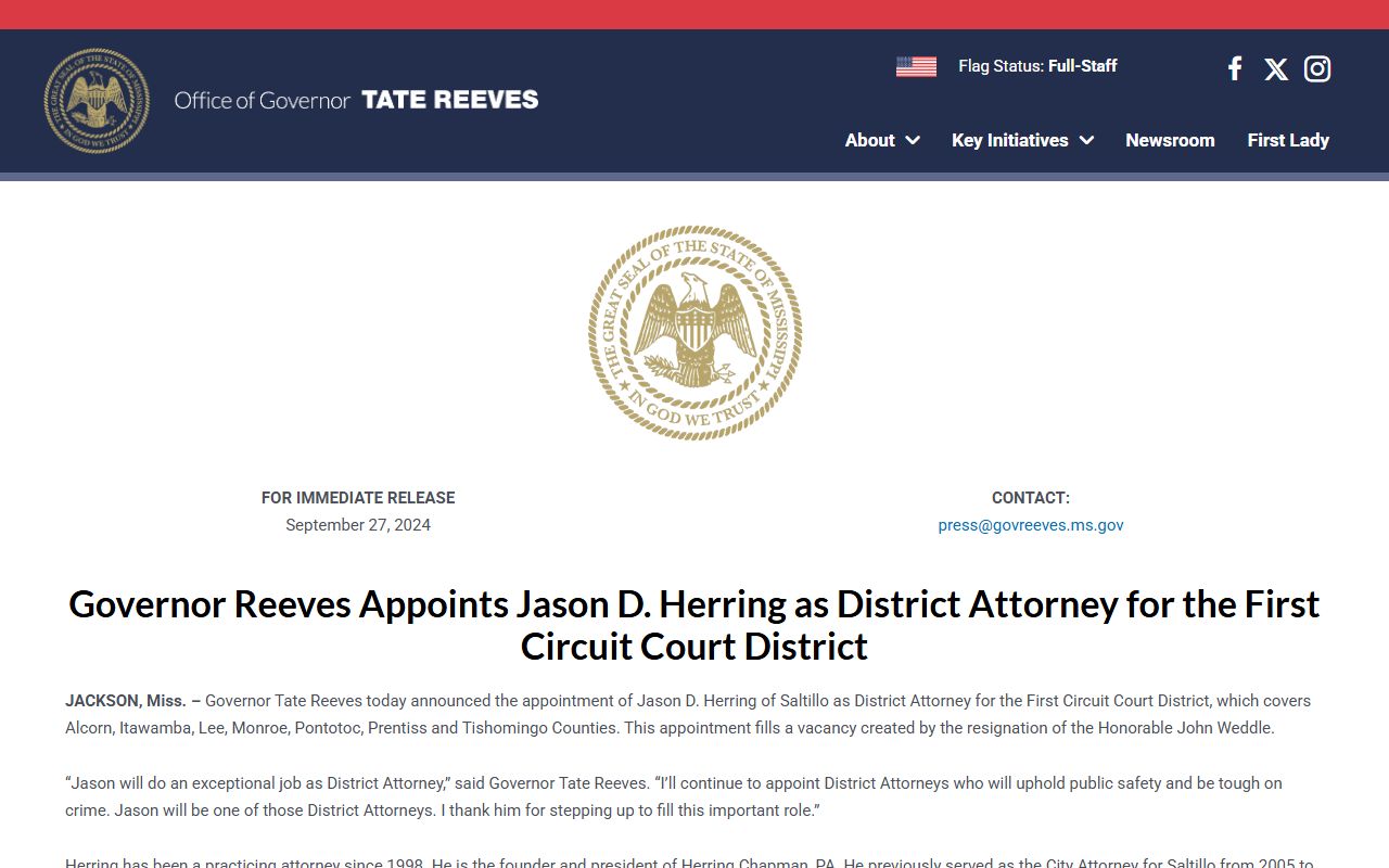 Governor announcement naming the First Circuit district attorney for Lee County Criminal Court Records