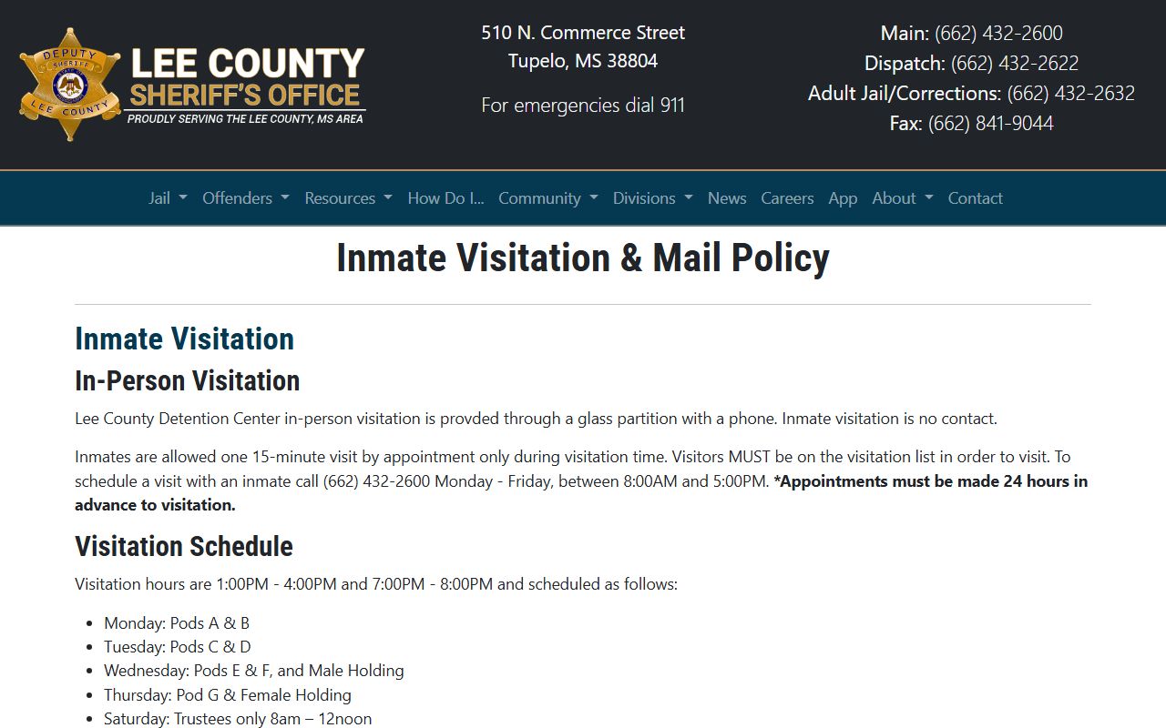 Lee County inmate search visitation and mail policy