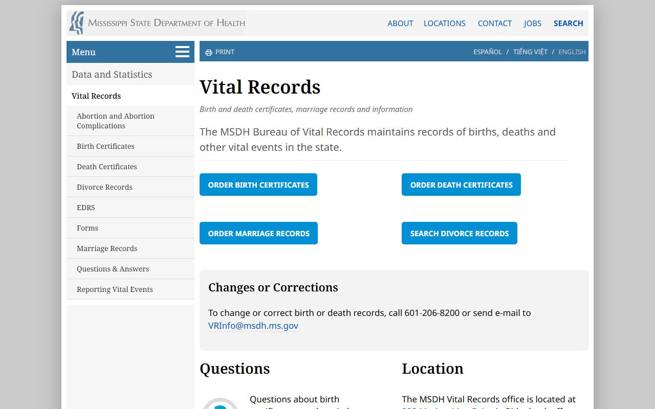 Lee County marriage and divorce records, Mississippi Department of Health vital records page