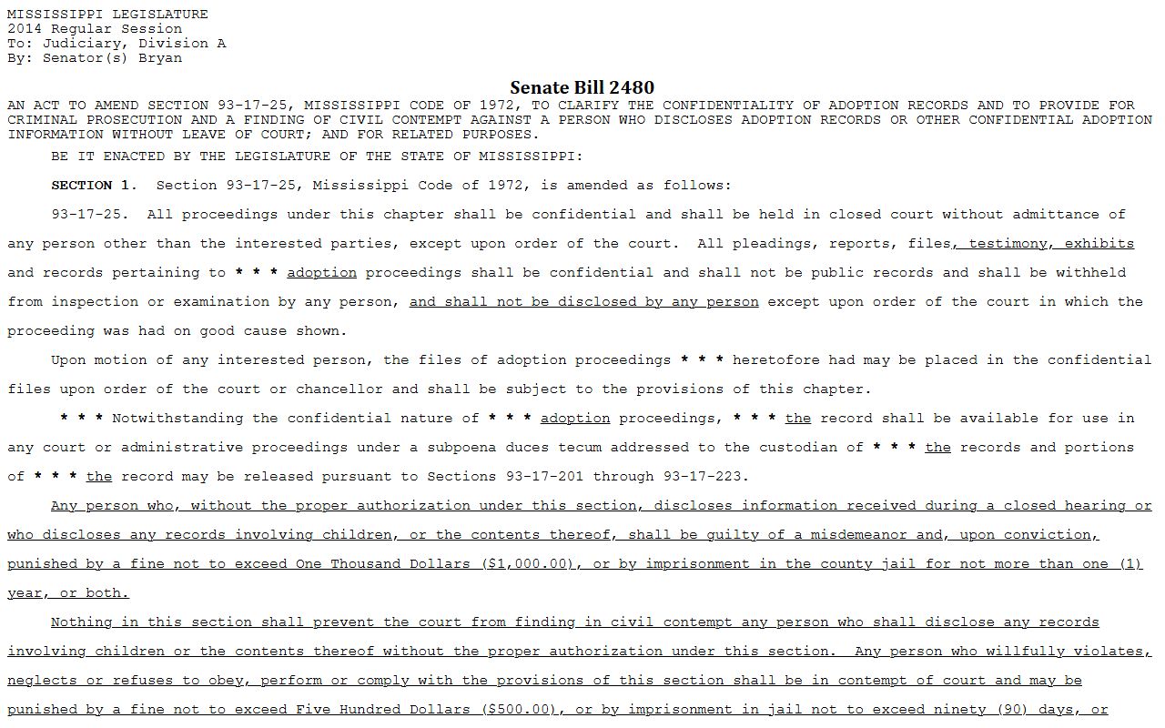 Lee County marriage and divorce records, Mississippi adoption-record confidentiality language