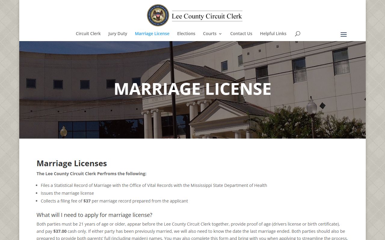 Lee County marriage and divorce records, Circuit Clerk marriage license application page