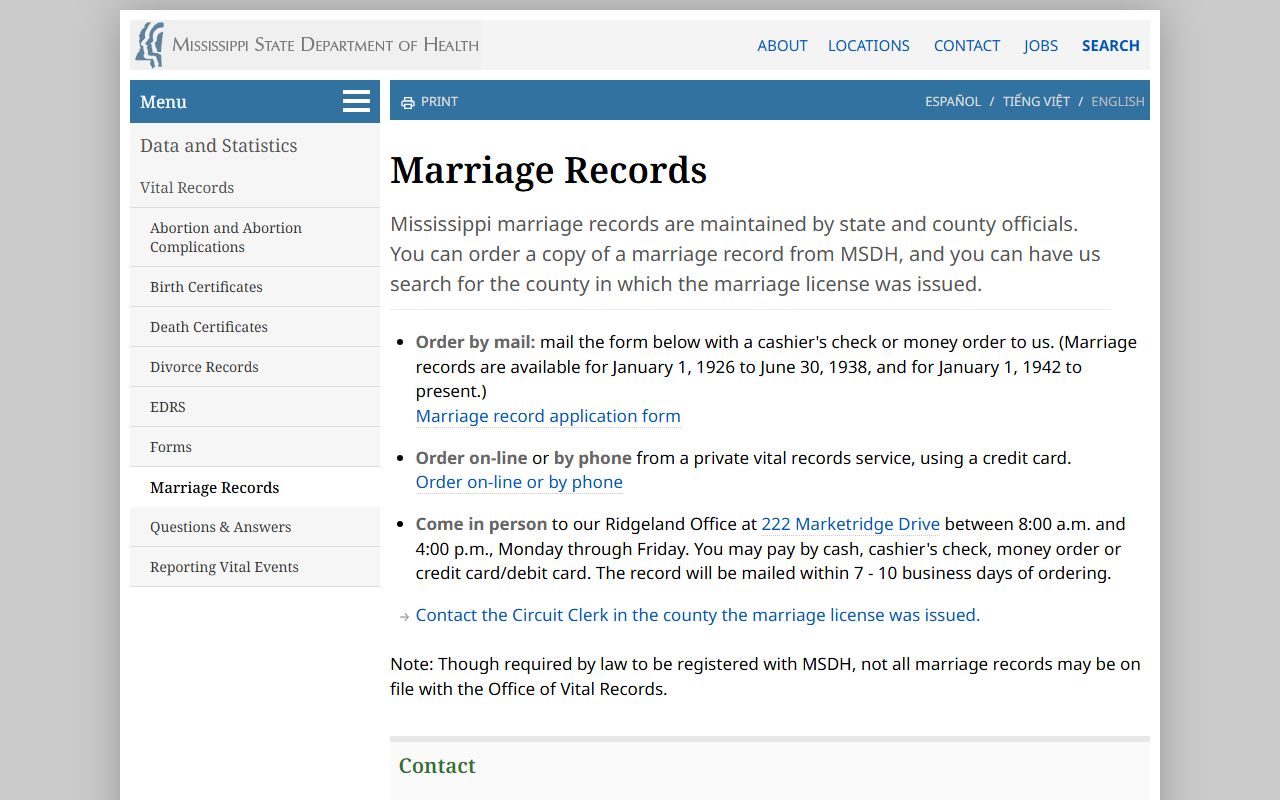 Lee County marriage and divorce records, Mississippi Department of Health marriage records page