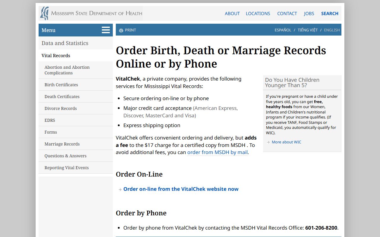Lee County marriage and divorce records, Mississippi Department of Health online and phone ordering page