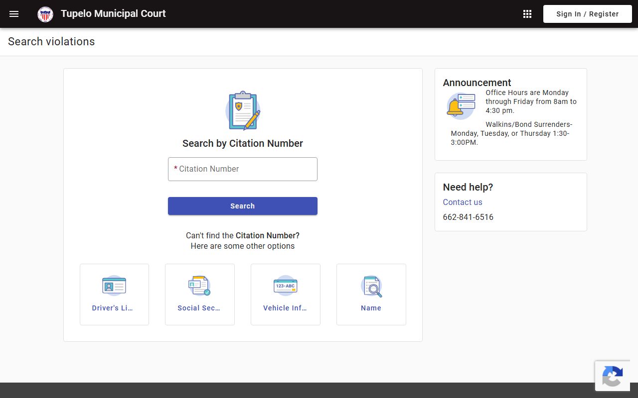 Tupelo Municipal Court portal for Lee County Traffic Court citation search and payment