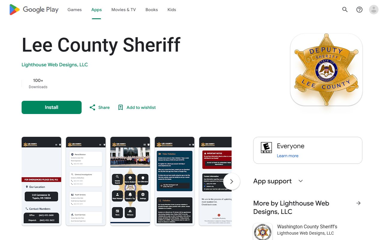 Lee County warrant search resource on the Google Play listing for the Lee County Sheriff app
