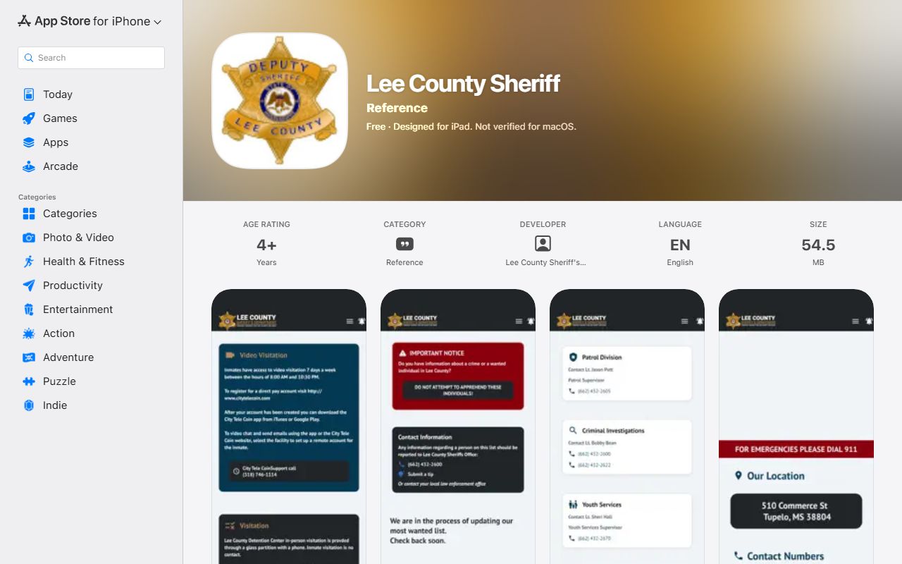 Lee County warrant search resource on the Apple App Store listing for the Lee County Sheriff app