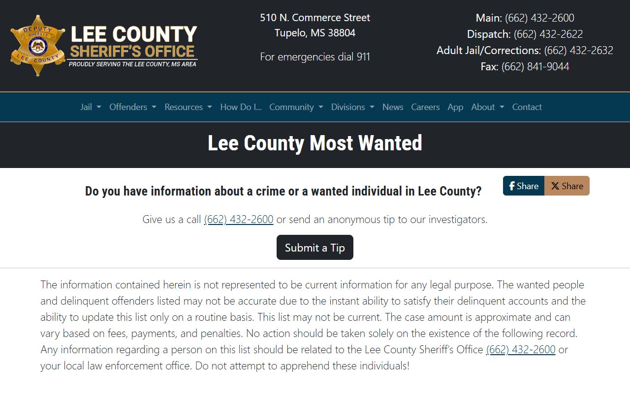 Lee County warrant search on the Sheriff Most Wanted and wanted-person notice page